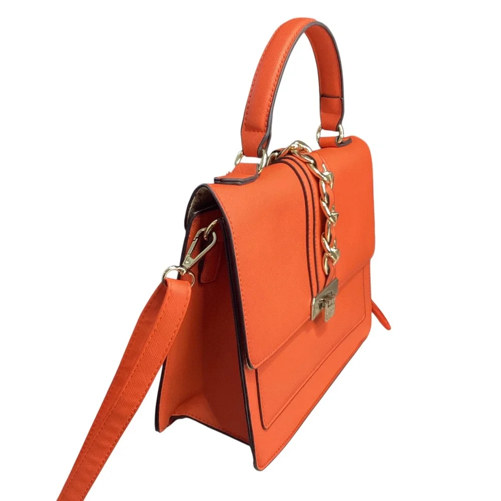 Aldo Orange Saffiano Satchel Handbag Gold Chain Scarf Accent Crossbody Bag